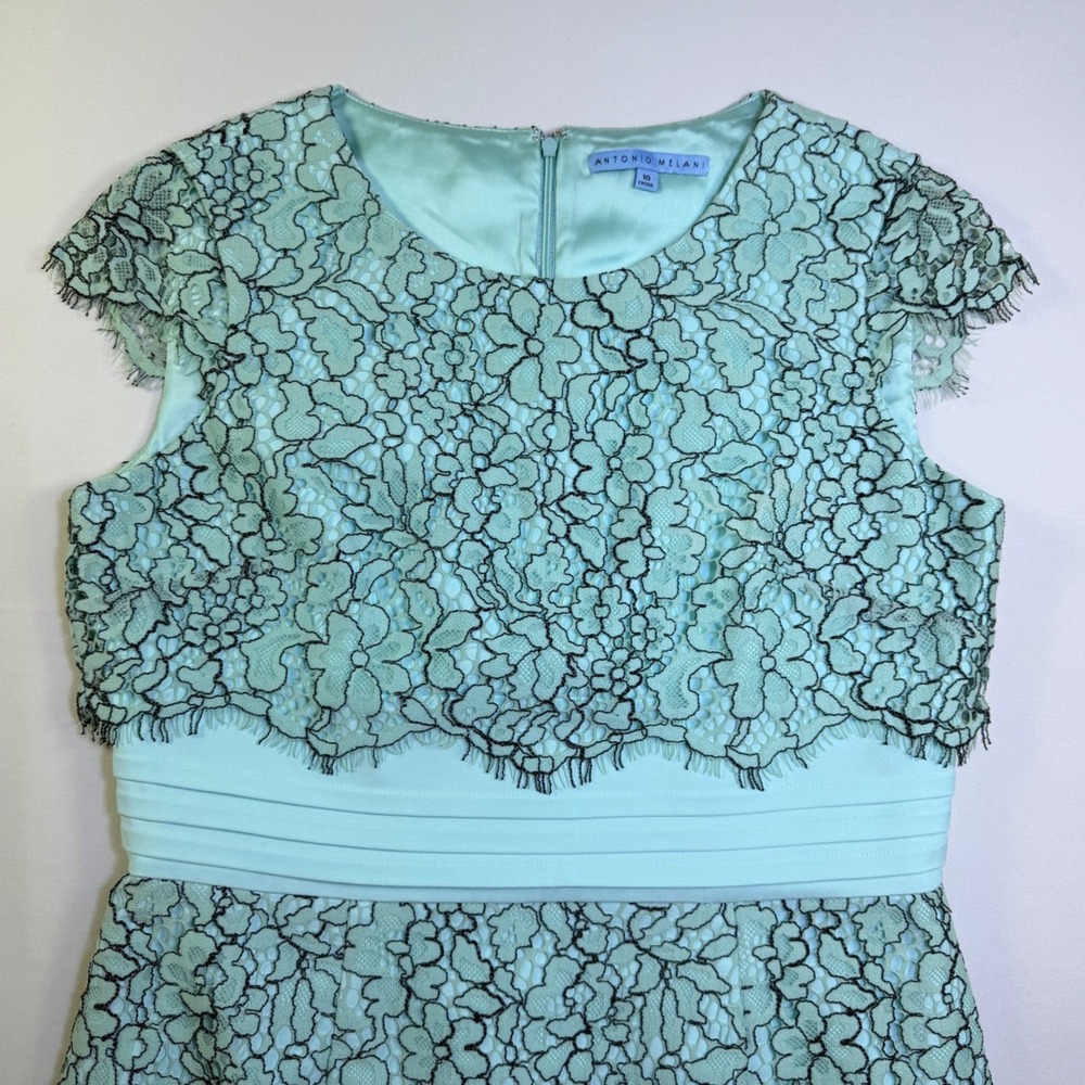 Antonio‎ Melani Mint Green Black Floral Lace Sheath Dress Cap Sleeve Size 10 - Picture 4 of 14